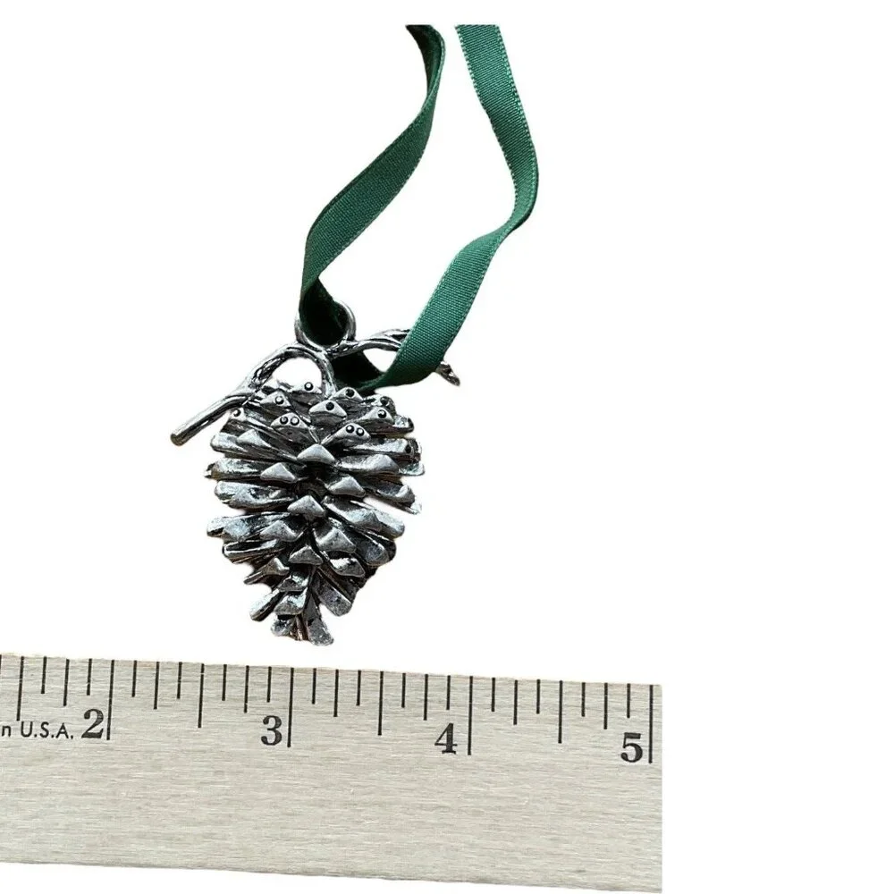 J. Jill Shimmering Pine Cone Ornament Green Ribbon Silver Tone Metal Holiday